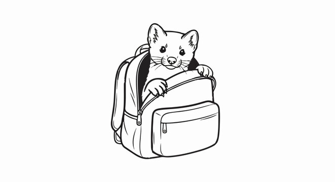 Cartoon style illustration of a small weasel-like animal peeking out from an open backpack