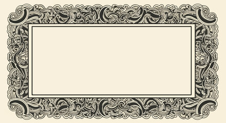 An ornate, hand-drawn rectangular frame with intricate swirling patterns and organic shapes on a light background