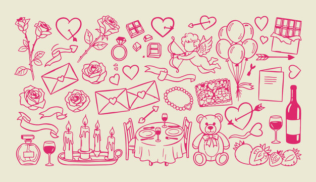 Valentine day doodle set with hand drawn romantic elements like hearts roses cupid and romantic dinner table for two
