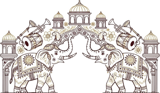 Ornate illustration of two decorated elephants facing each other, with traditional instruments and domes