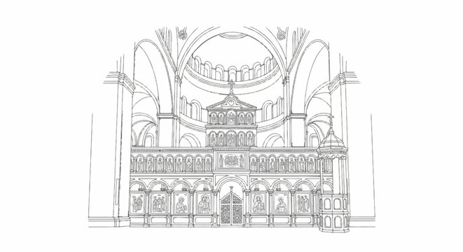 Detailed line art of a grand Byzantine-style church interior, featuring an ornate iconostasis and domed ceiling