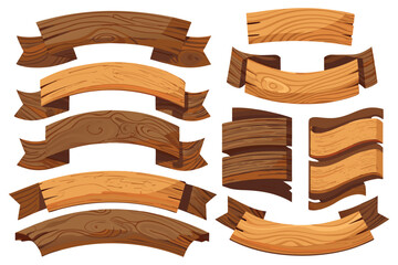 Collection of wide wooden banners and ribbons, including straight and curved variations, flat vector style.