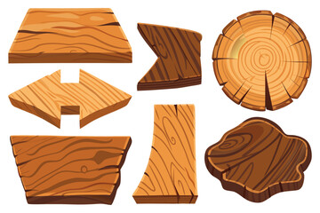 Set of thick wooden arrow signs pointing left and right, jagged hand-cut edges, stylized wood grain texture, flat 2D vector art, game UI assets, isolated.