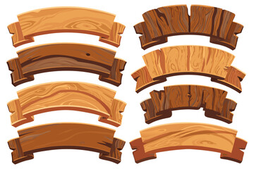 Premium game UI assets Elegant mahogany wooden banners, arched and flat variations, subtle 3D depth