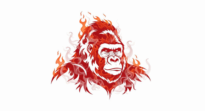 An angry gorilla's head illustration, rendered with dynamic red and orange flames and smoke on white