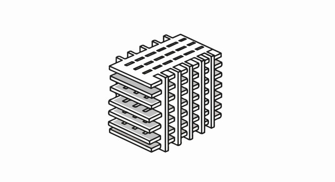 Isometric view of a stack of parallel gray plates with connectors and top slots, on white background