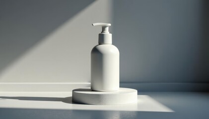 Elevated product on gray, soft window light, deep shadow , product photography, muted tones