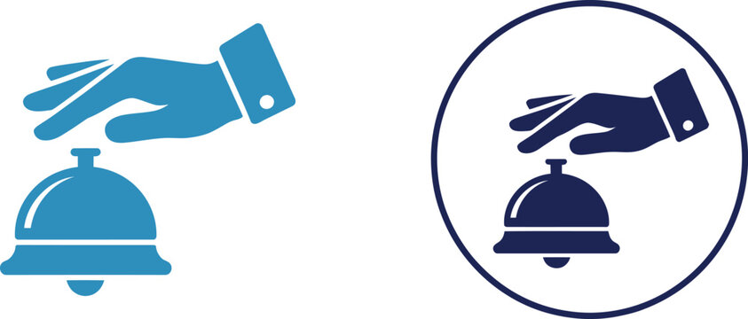 Blue hand pressing service bell and navy hand pressing service bell in circle