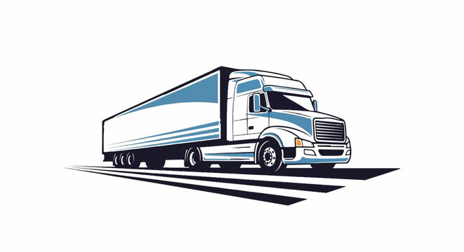 Illustration of a large semi-truck and trailer in blue and white, with black outlines, conveying movement