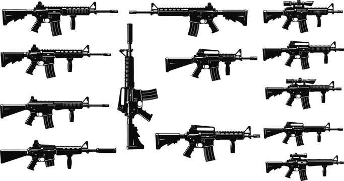Set of tactical assault rifle silhouettes with scopes and suppressors isolated on white background for military and defense design