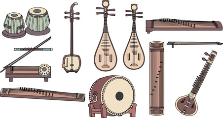 Traditional Asian musical instruments displayed together showcasing cultural heritage in a digital illustration © magic vector
