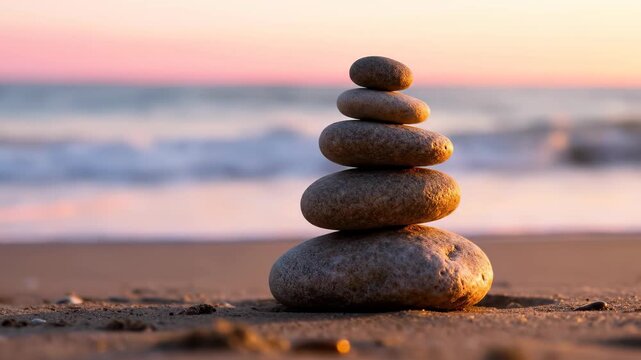 Stack of balanced zen stones on a sandy beach at sunset with soft waves and golden hour light