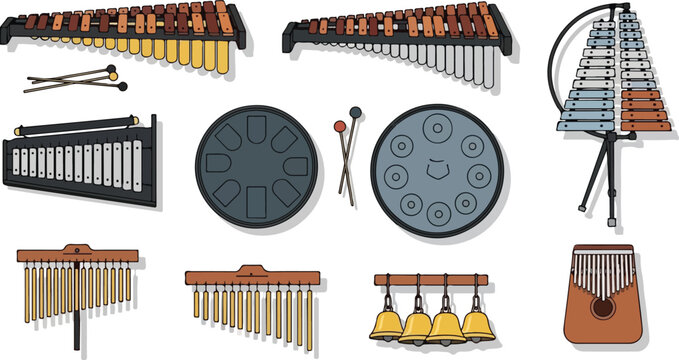 Collection of various percussion instruments displayed together on a clean white surface