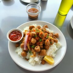Savory meatballs with rice, tomato salsa, and lemon slice on a white plate