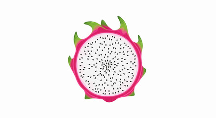 Vibrant top-down view of a halved dragon fruit, revealing its pink skin, green scales, white flesh, and black seeds