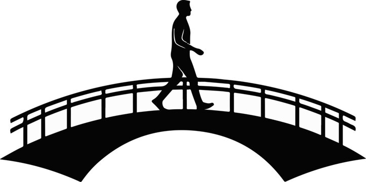 Black silhouette of a person walking across a curved bridge with railings, isolated on white
