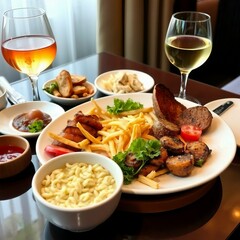 Hearty platter with meats french fries vegetables and wine for a grand feast