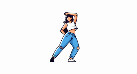 Obraz premium Stylish minimalist illustration of a woman in a crop top and ripped jeans striking a dynamic pose