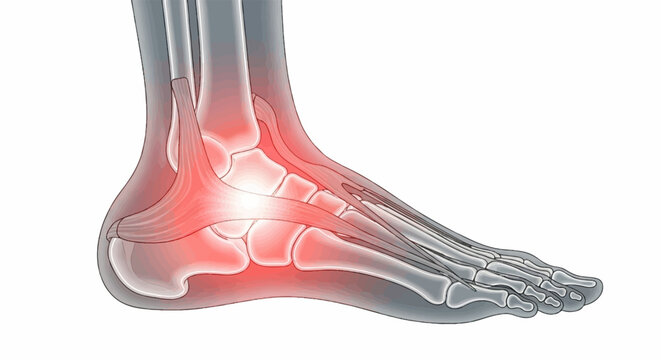 Illustration of human foot and ankle anatomy with bones and tendons, highlighting painful or inflamed areas in red
