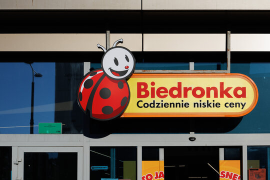 Warsaw, Poland &ndash; January 31, 2026: Biedronka grocery store logo displayed on commercial building exterior during winter