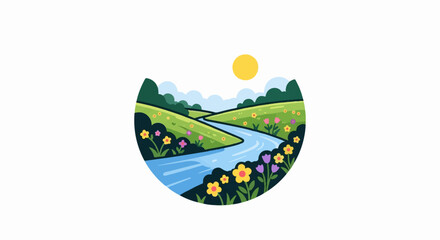 Vibrant cartoon landscape with a winding river through green hills, colorful flowers, trees, clouds, and sun