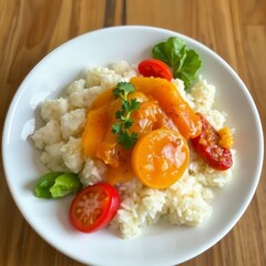Delicious breakfast bowl with fluffy rice, savory sauce, fresh tomatoes, and vibrant greens