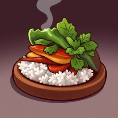 Steaming rice bowl with vibrant green lettuce, cooked carrots, and sliced avocado