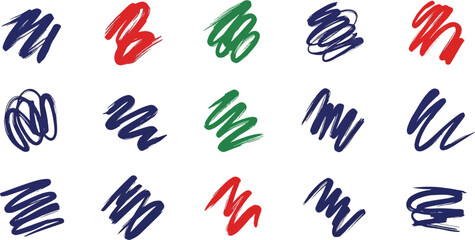 Obraz premium An abstract grid of fifteen diverse hand-painted brush strokes in red, navy blue, and green on white background