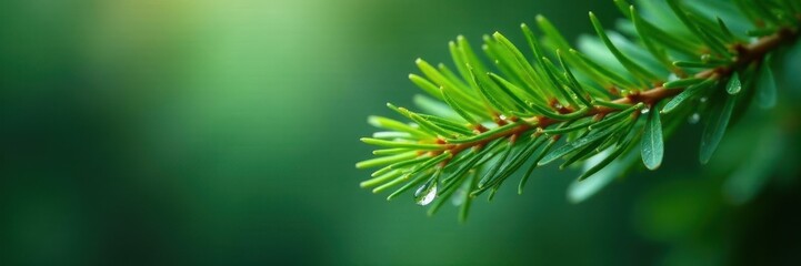 Emerald pine branch, glistening raindrops, soft focus background , twig, macro