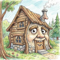 Naive Fairytale House with Face in Forest Illustration