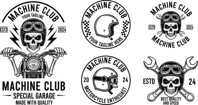 Vintage motorcycle club emblems set with skulls wearing helmets and crossed wrenches for biker garage branding design