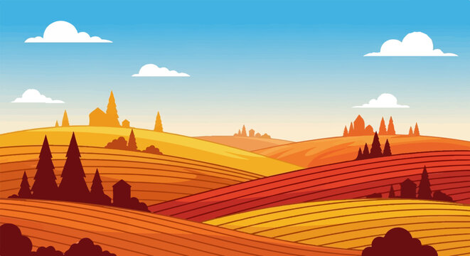 Stylized pixel art landscape of rolling agricultural fields and hills with trees under a blue sky