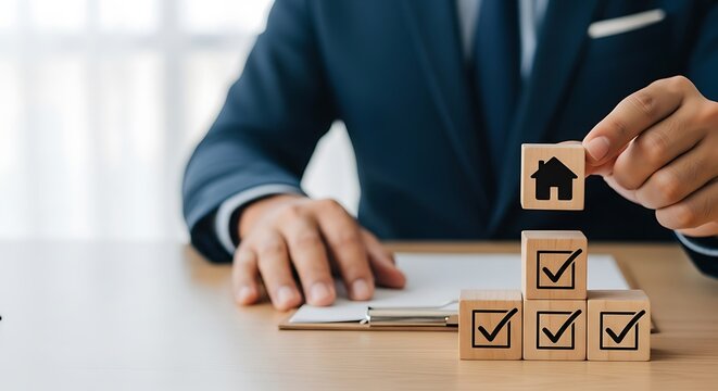 Achieving home ownership goals: a professional placing a house block on completed checkmarks