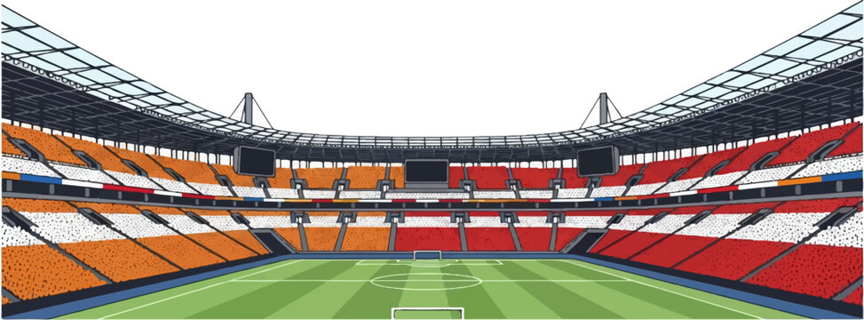 An empty pixel-art football stadium with a green pitch and multi-colored red, orange, and white seats