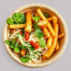 Healthy vegetable bowl with roasted parsnips fresh cilantro and white noodles in ceramic