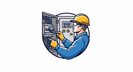 An electrician in a hard hat and safety glasses works on an electrical control panel with tools