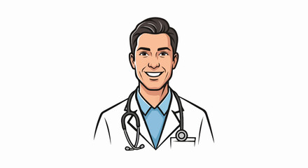 Fototapeta premium Smiling cartoon illustration of a male doctor in a white lab coat with a stethoscope, head and shoulders