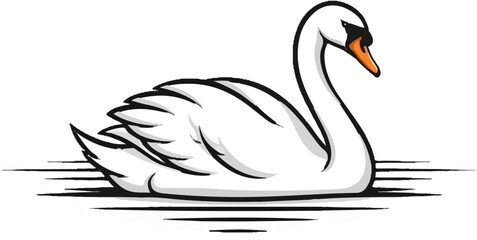 Fototapeta premium Stylized illustration of a white swan with an orange beak floating on water, outlined in black