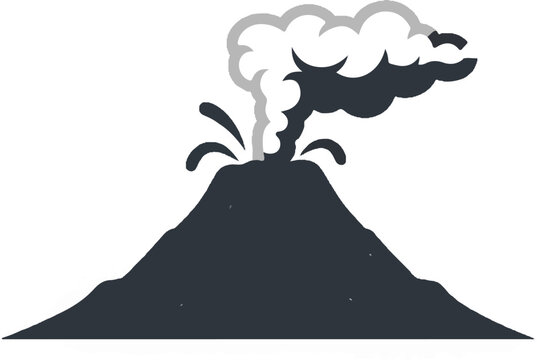 Stylized dark grey volcano erupting with grey smoke and molten splashes against a white background