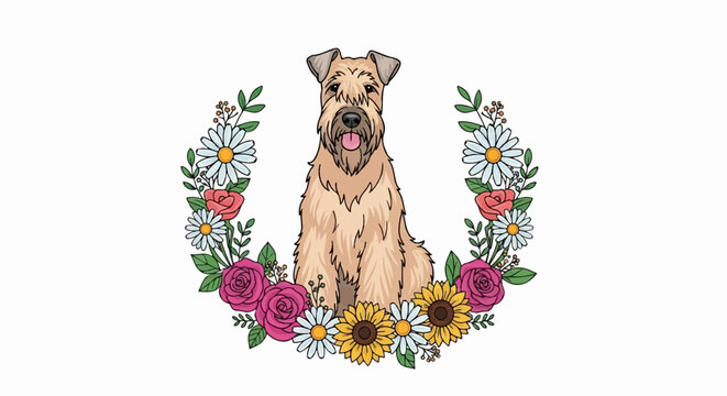 An adorable, scruffy-haired light brown dog with a pink tongue sits within a vibrant floral wreath