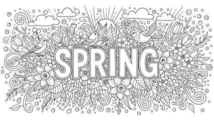 Spring Season Floral Doodle Art with Birds and Sun Rays - Transparent PNG