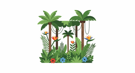 Obraz premium Vibrant tropical jungle illustration with palm trees, lush green foliage, and exotic colorful flowers