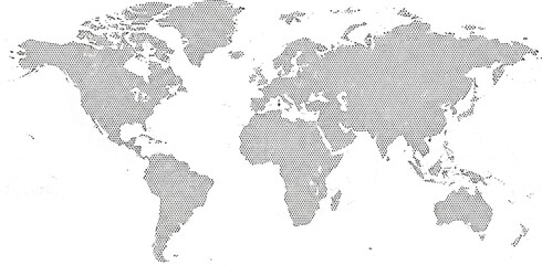 Fototapeta premium Stylized world map showing continents and countries in a black hexagonal dot pattern on a white background