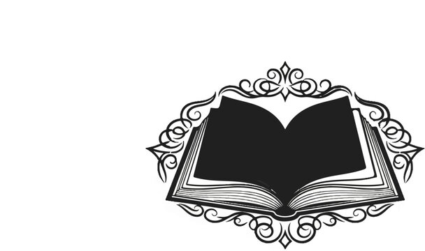 Black and white illustration of an open book with blank pages, set within an ornate, swirling decorative frame