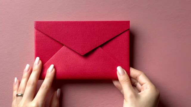 Hands open a red envelope revealing a letter during a personal moment at a home setting in the afternoon
