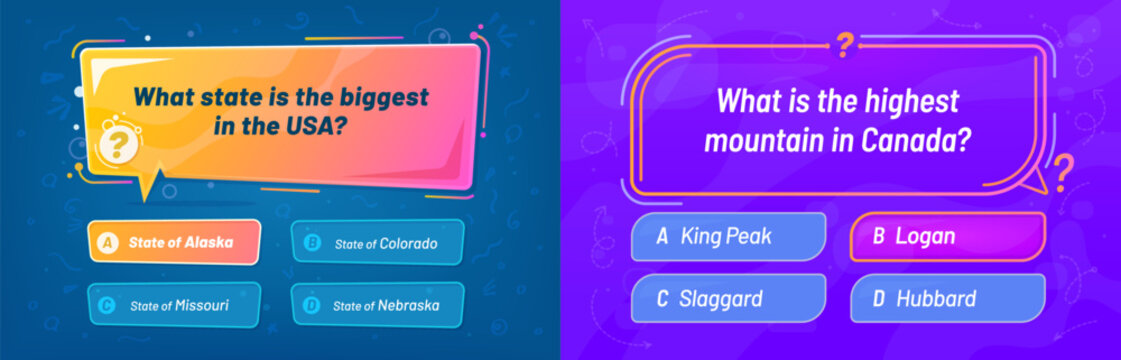 Quiz template, question and answer game. Cartoon vector template for interactive quizzes, featuring structured layout with question fields, multiple choice options, and modern UI for educational apps