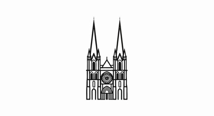 Minimalist black line art illustration of a grand Gothic cathedral with two spires and a rose window