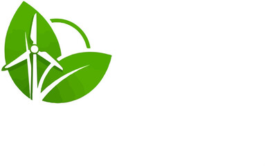 Obraz premium Stylized green leaves frame a white wind turbine, with a green arc. Symbolizing renewable energy and nature