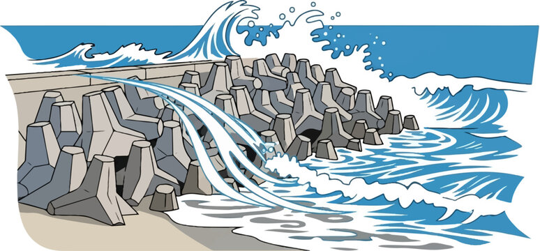 Vibrant cartoon illustration shows large blue waves crashing against a concrete breakwater protecting a sandy beach