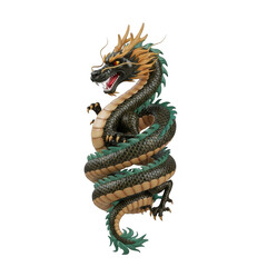 Fototapeta premium Ornate Curled Black Dragon with Gold Mane on Transparent Background